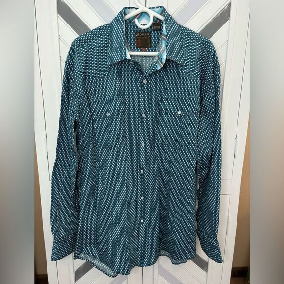 Roper Men's Large Teal White Black Gold Graphic Snap Button‎ Up Long Sleeve - Picture 3 of 16